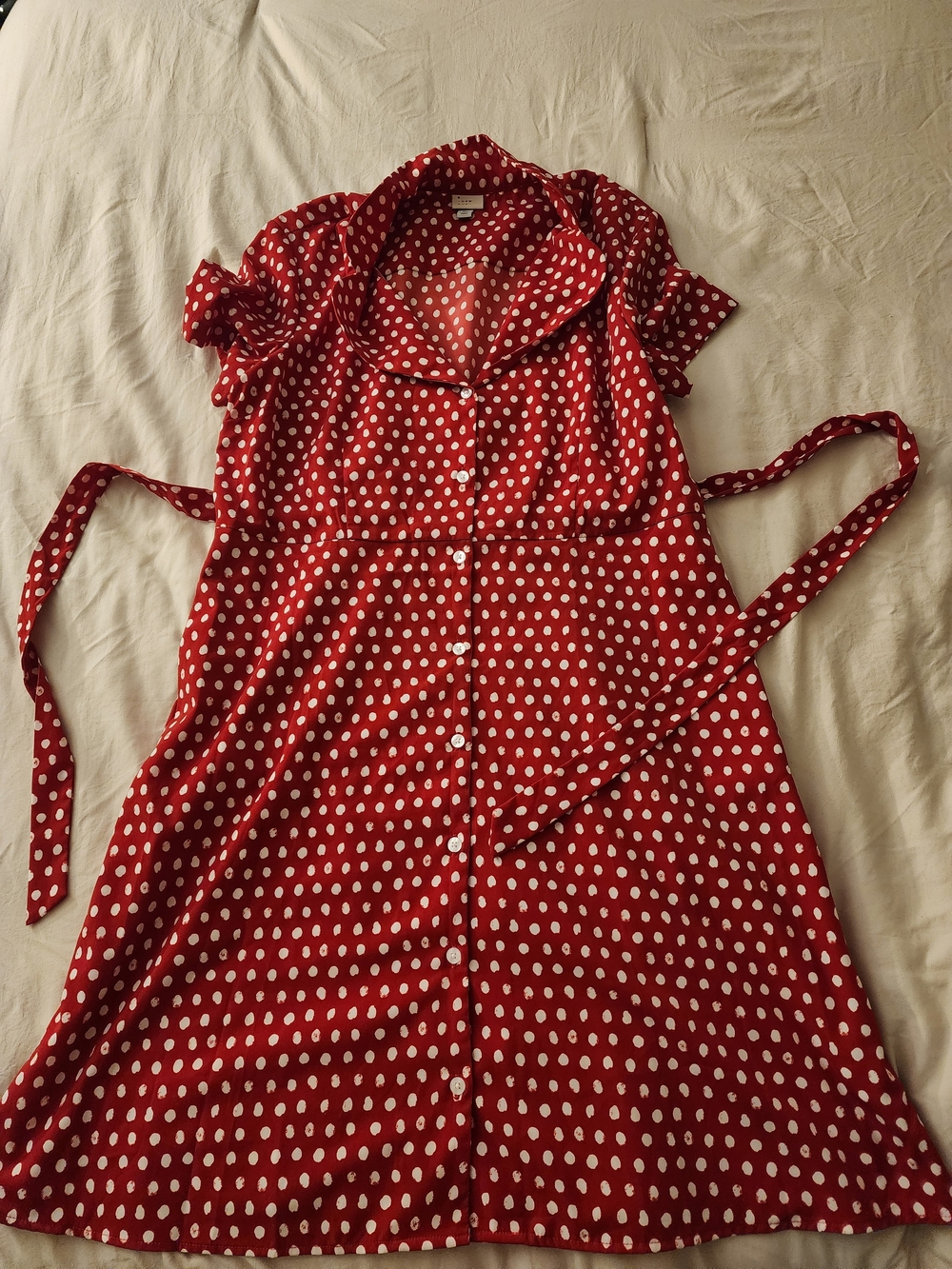Women's Red Polka Dot Button-Front Dress with Tie Waist